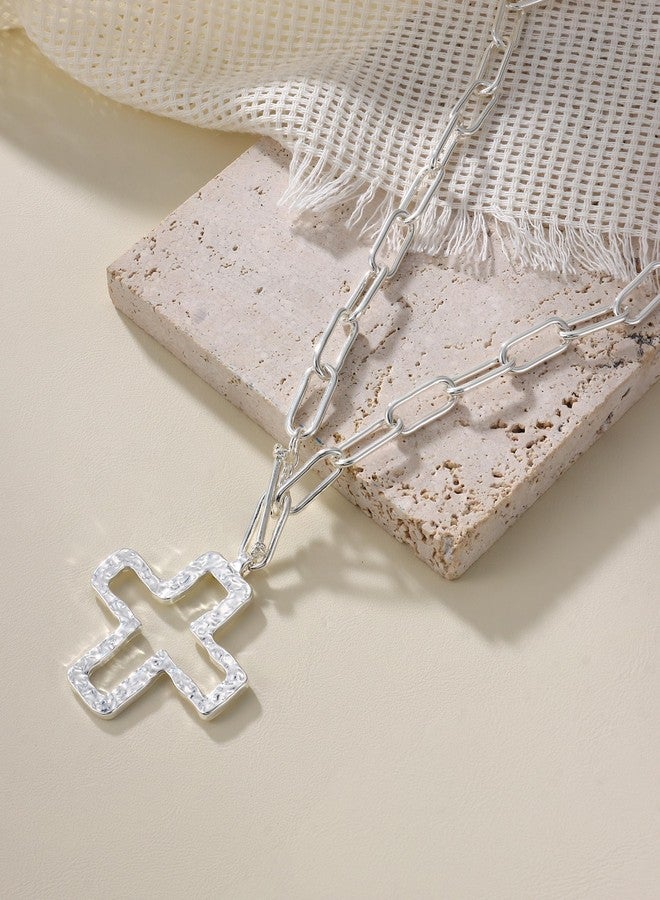 TEN MIRO Silver Chunky Cross Necklace for Women Non Tarnish Cross Choker Necklaces Hammered Bold Statement Necklace Stacks Chunky Silver Chain Stacked Paperclip Necklaces - Image 5